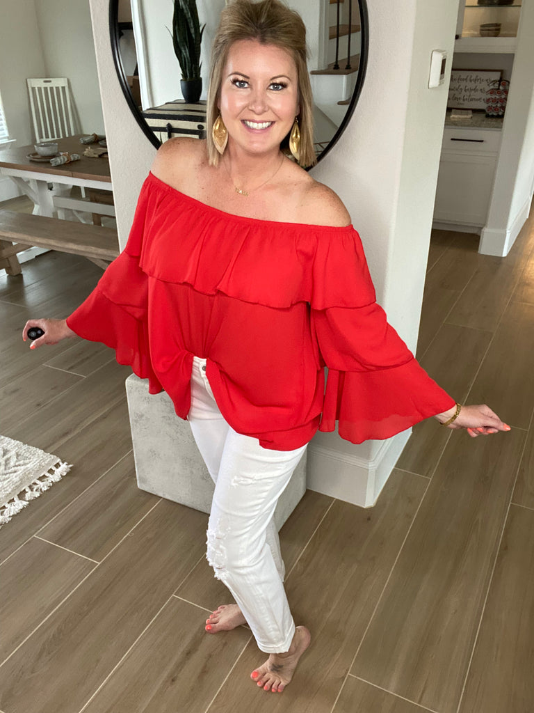 TRIPLE LAYERED BELL-SLEEVE OFF SHOULDER TOP
