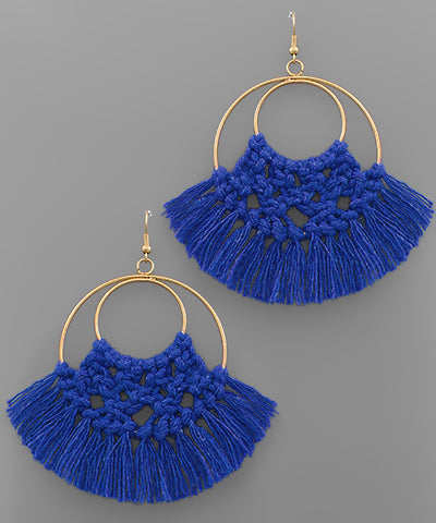 Thread Fringe Circle Earrings- Blue