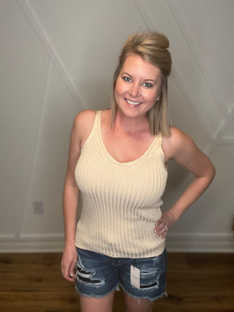 Ribbed V Neck Tank Top - Taupe